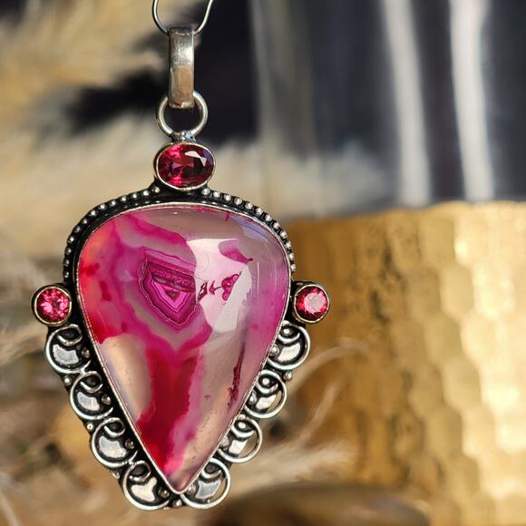 Bold Sterling Silver Pink Agate Pendant with Faceted Ruby Accents - Picture 6 of 10
